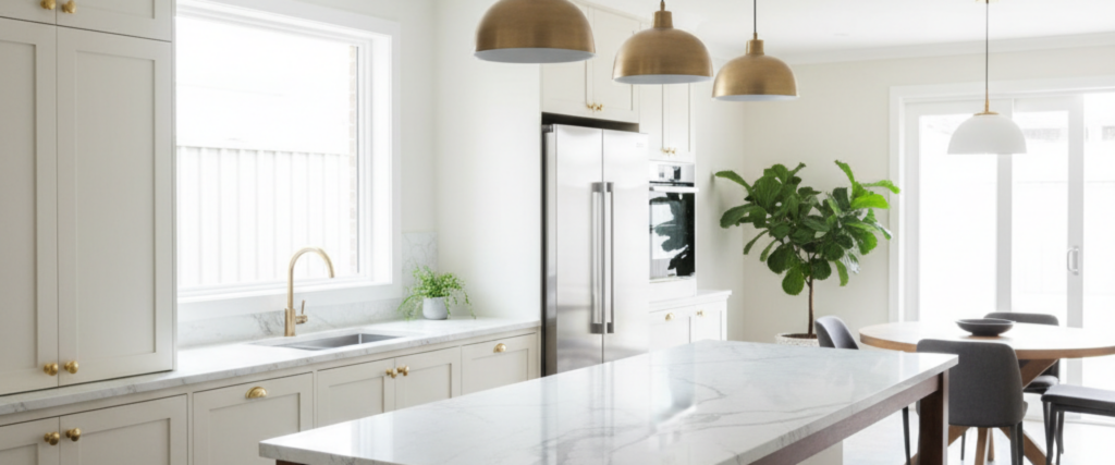 Spacious modern kitchen with sleek cabinetry and stone benchtops designed through kitchen renovations north shore
